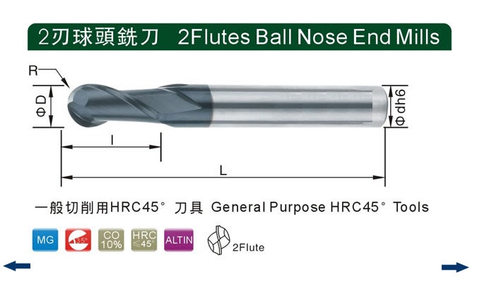 2F Ball Nosed End Mills